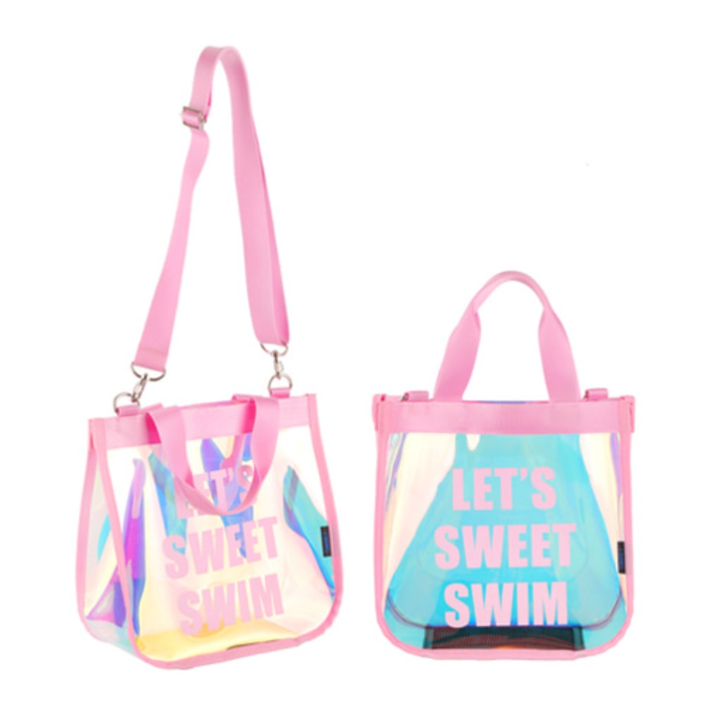 [스윗스윔] 홀로그램 메쉬가방 수영가방 손가방 숄더백 라운드 / 핑크